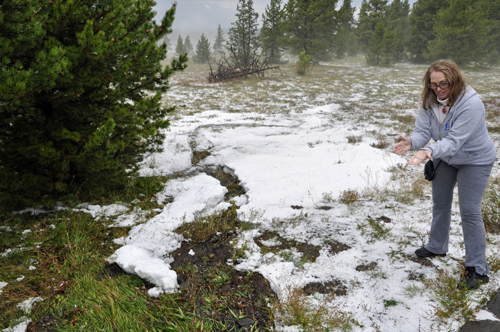 Karen Duquette playing in the hail